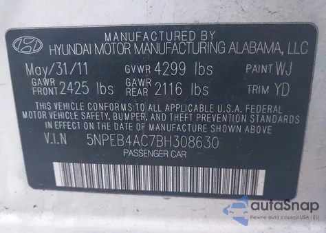 2011 Hyundai Sonata Gls z USA, uszkodzony, nr VIN 5NPEB4AC7BH308630